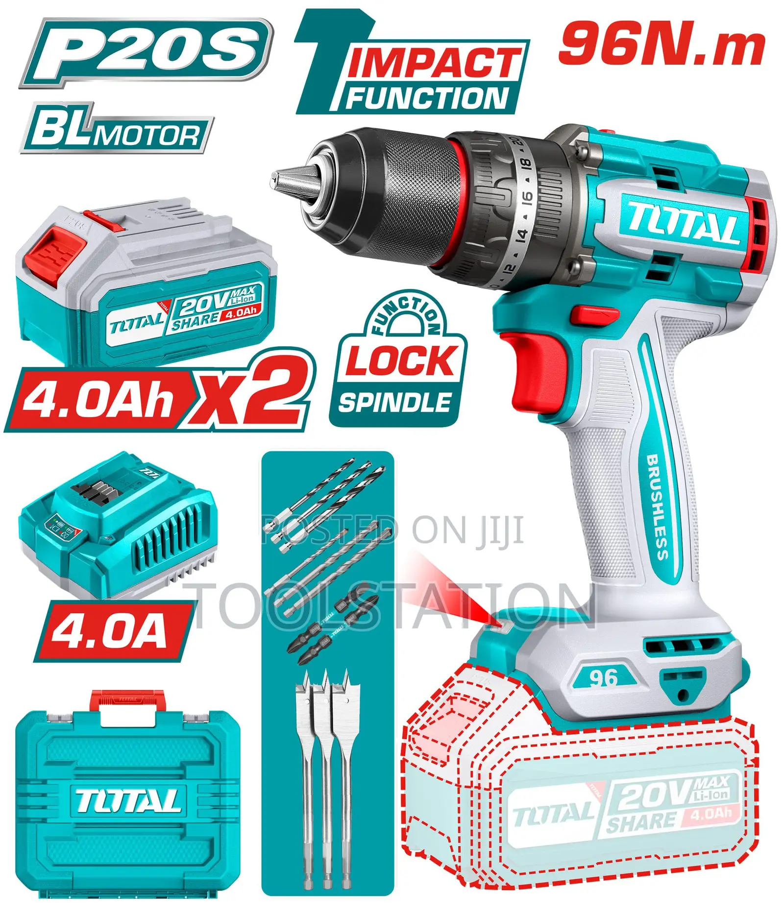 Brushless Cordless Impact Drill Tidli209682 X 4 Ah Batteries + Charger