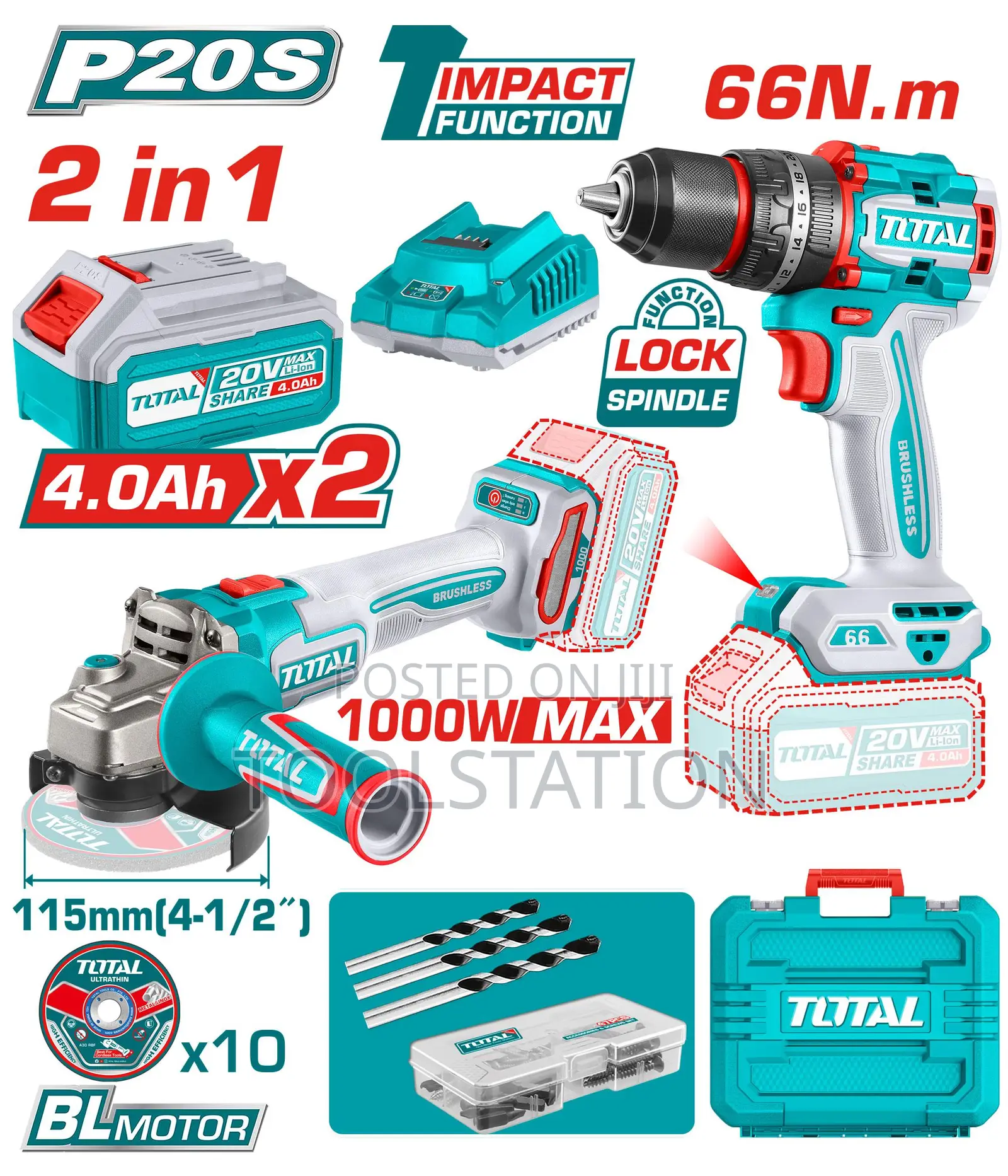 Cordless Drill and Angle Grinder Combo Kit With 2 X 4 Ah Batteries
