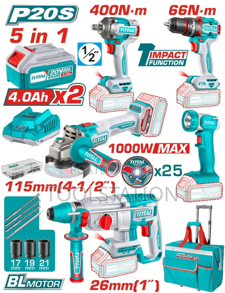 5 Piece Cordless Combo Kit With Batteries Charger and Tool Trolley Bag