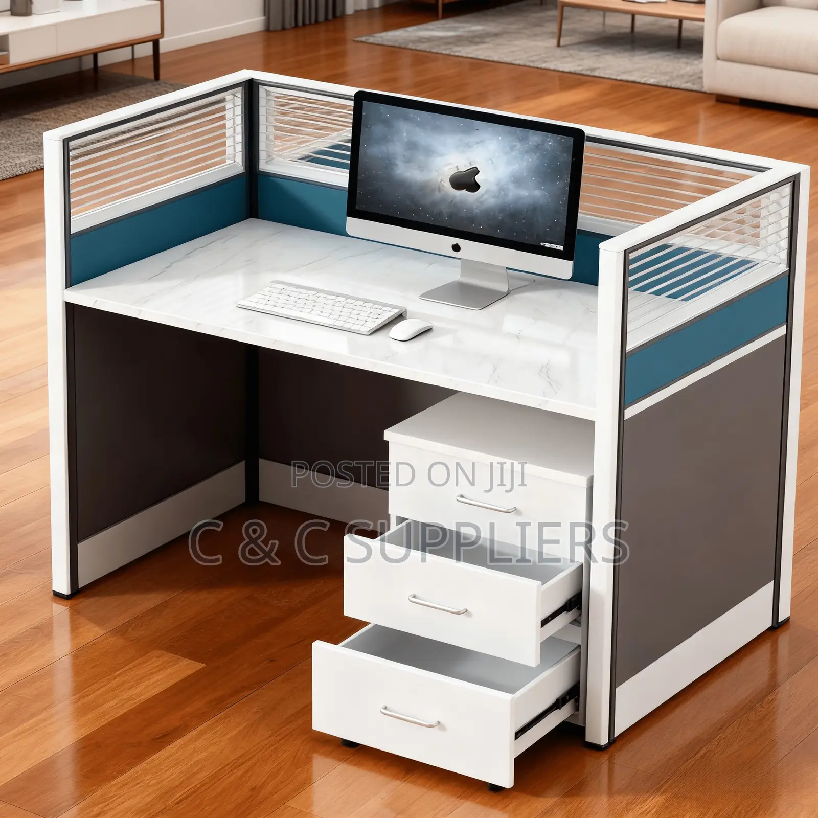 Office Desks; Single User Modern Office Workstation With Drawers (Blue