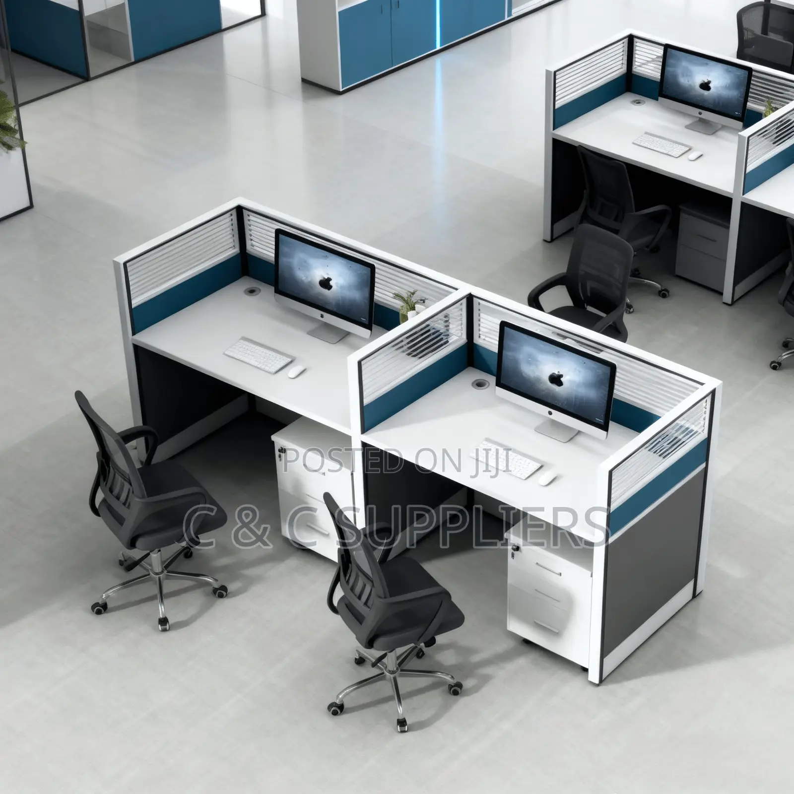 Office Desks; Single User Modern Office Workstation With Drawers (Blue