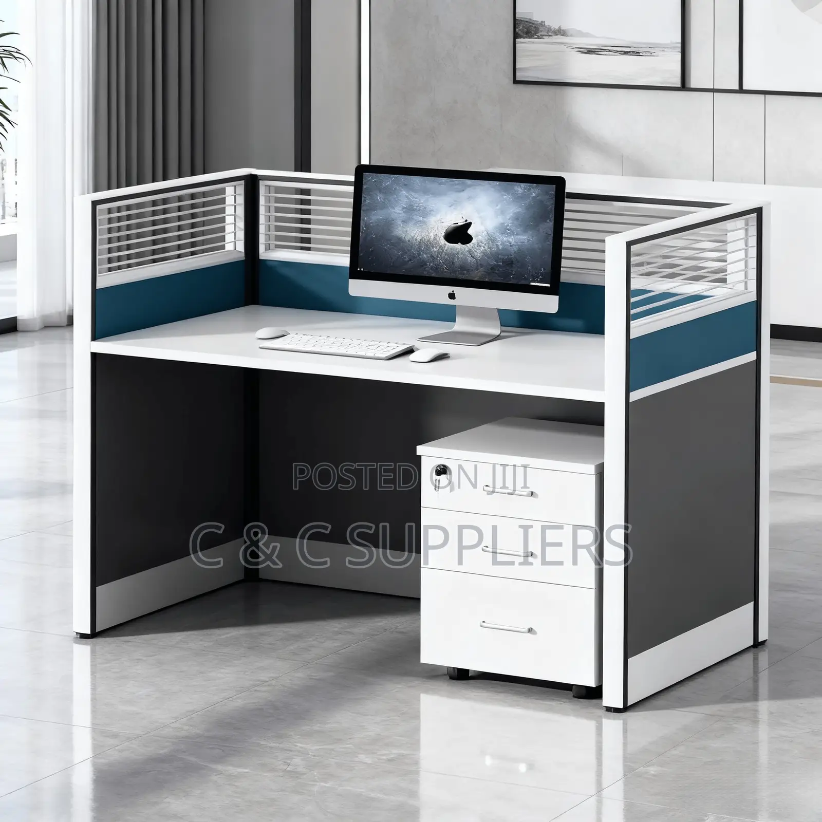 Office Desks; Single User Modern Office Workstation With Drawers (Blue