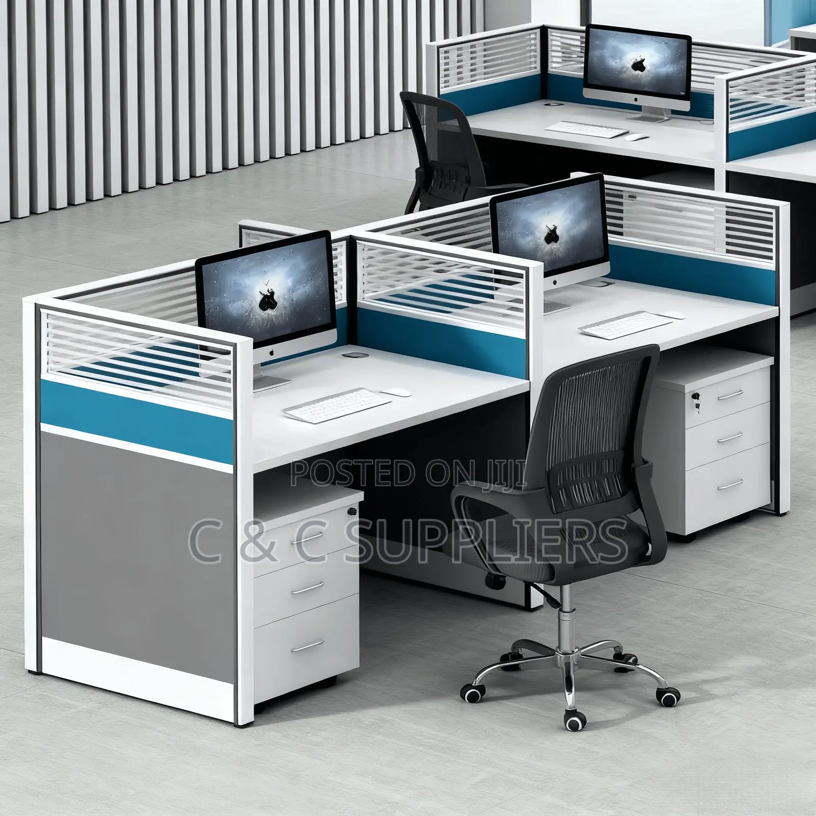 Office Desks; Single User Modern Office Workstation With Drawers (Blue