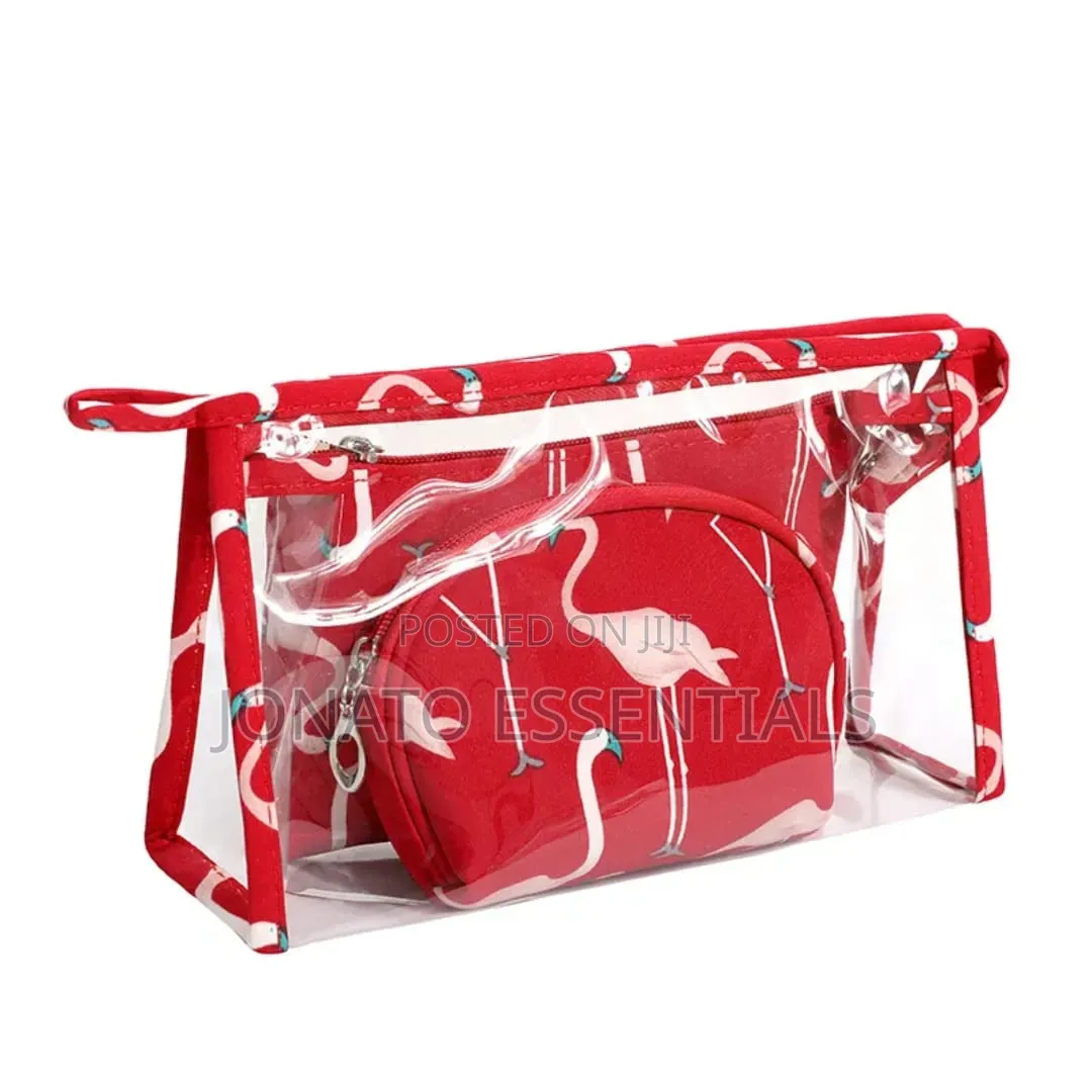 3-in-1 Transparent Flamingo Travel Makeup Bag Set