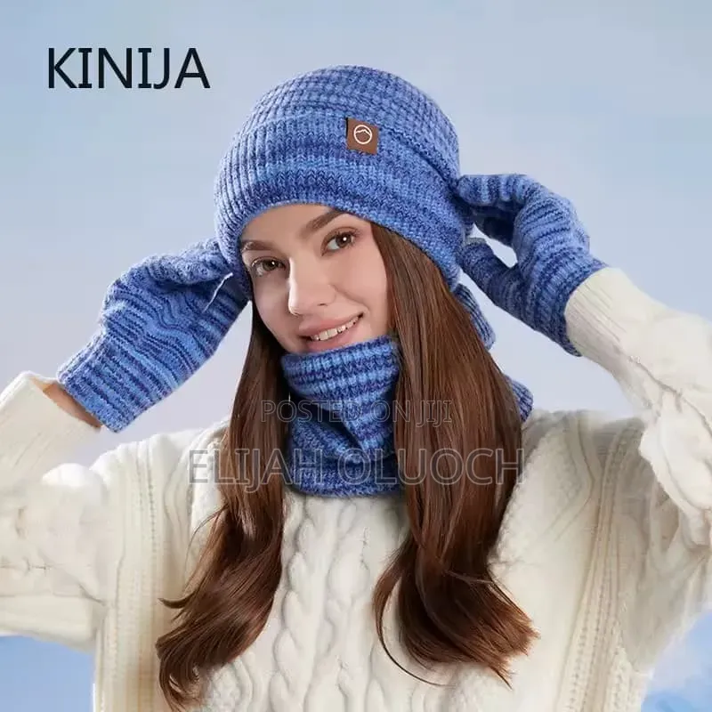 3pc Knitted Hat Beanie Cap Winter Cold Proof Hat Scarf Gloves Sets