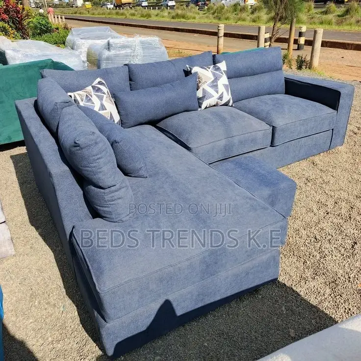 Blue L- Shaped Sectional Sofa With Cushions