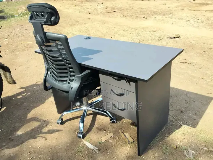 Presentable Grey Office Desk and Headrest Chair