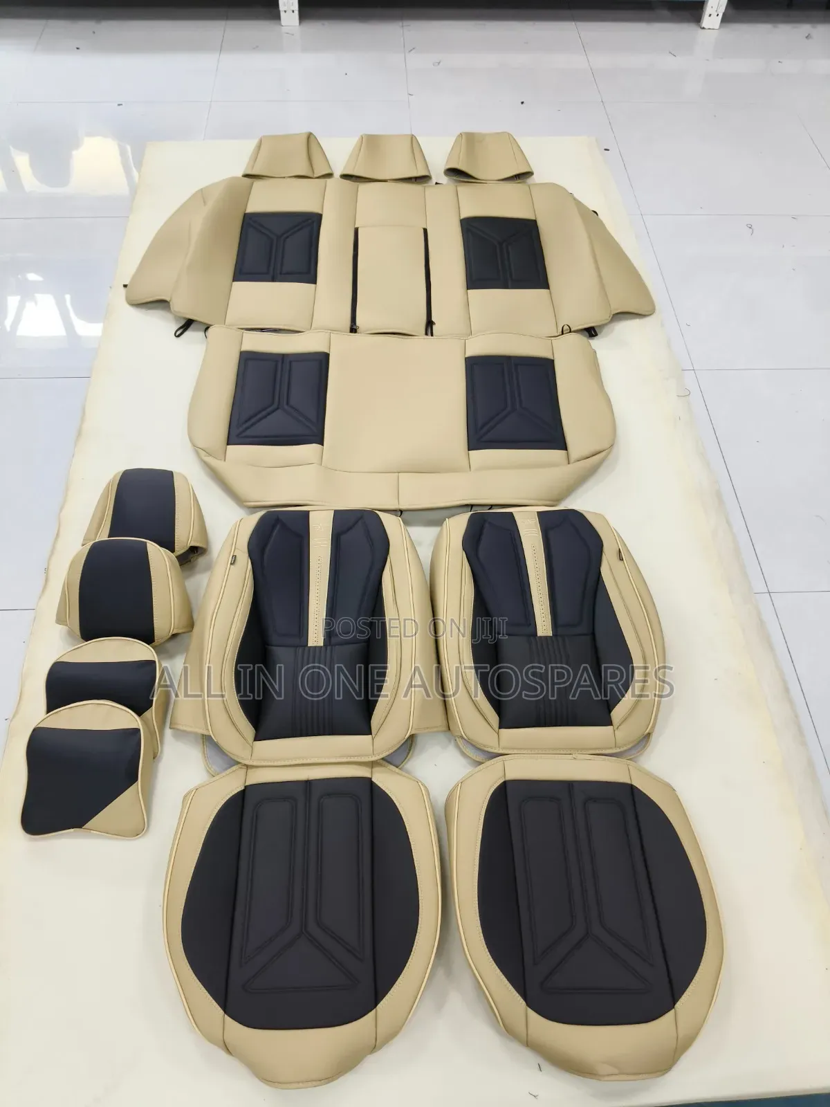 Black Beige Pure Leather 5seaters Seat Covers With Headrest Pillows