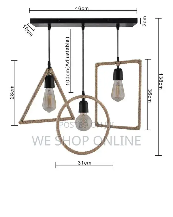 3pcs Hemp Rope Rectangle/Triangle/Round Pendant Lightwith Braided Rope