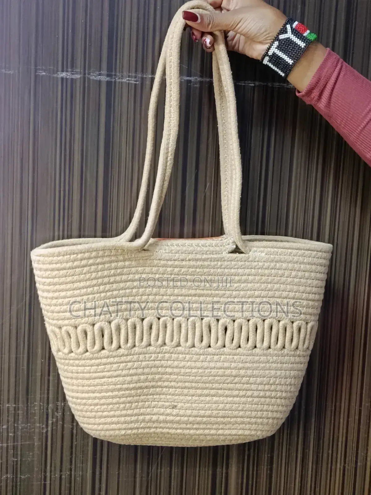 Brown Pattern Wooven Rattan Ladies Handbags/ Beach Bags With Snap Lock