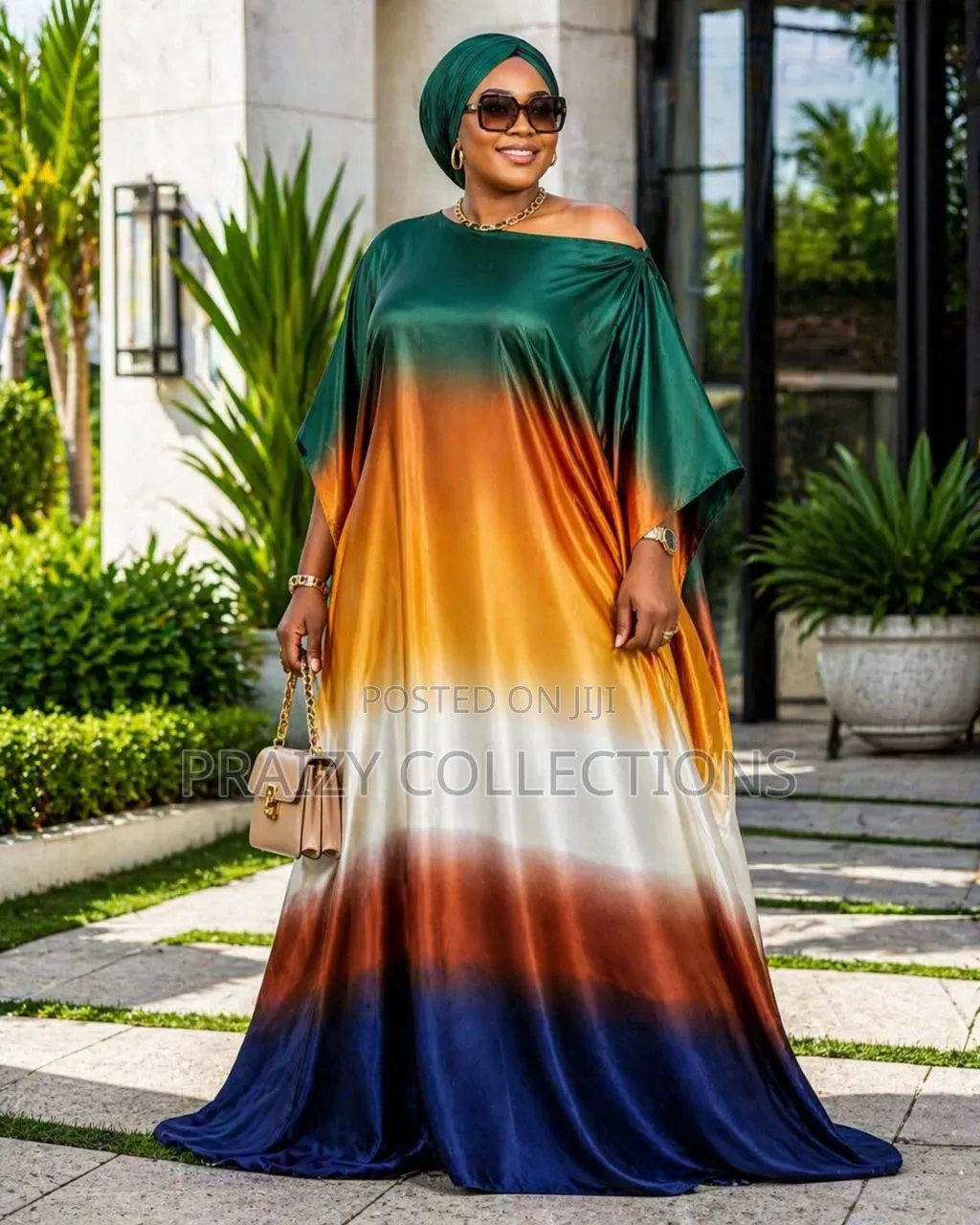 Elegant One-Shoulder Flowing Heavy Satin Ombre Kaftan Maxi Dress