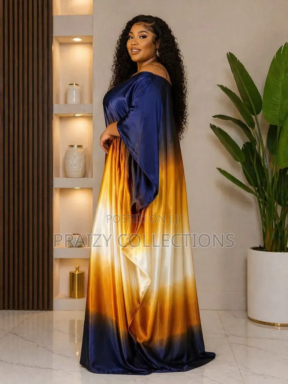 Elegant One-Shoulder Flowing Heavy Satin Ombre Kaftan Maxi Dress