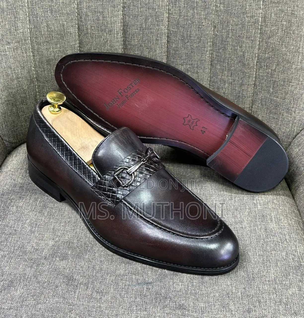 Men's Brown Leather John Foster Loafers Ft a Woven Texture Design
