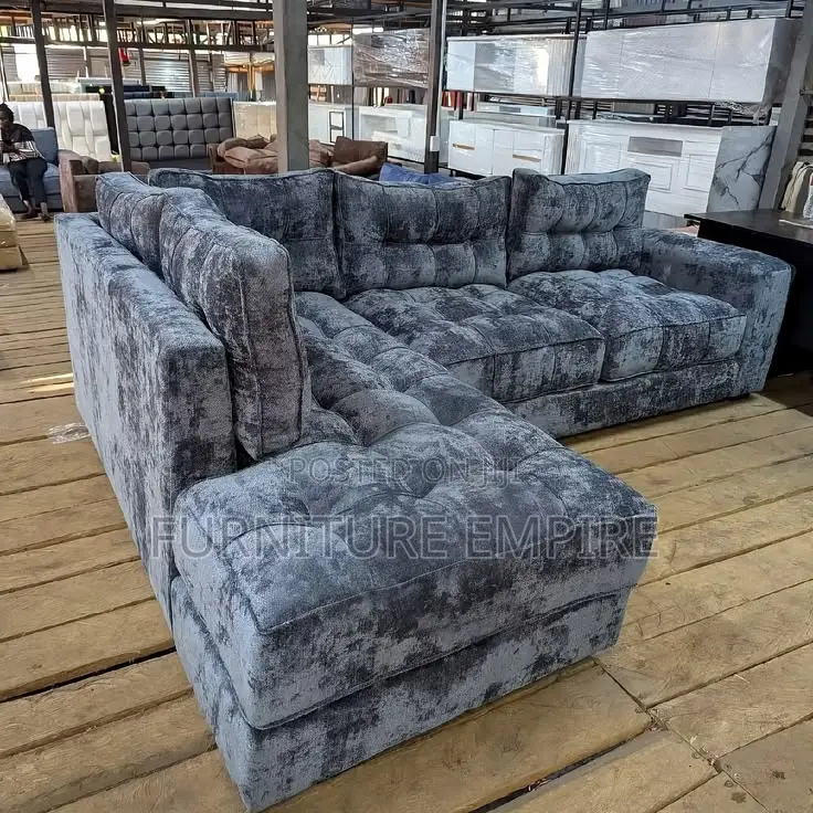 Grey-Blue Velvet L- Shaped Sofa