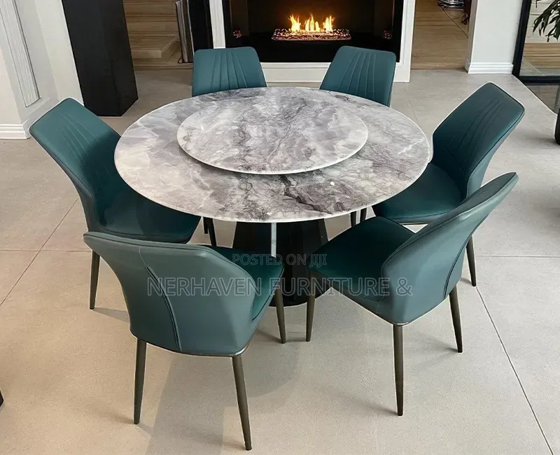 6-Seater Round Marble Dining Set – Durable Marble Top Dining Table