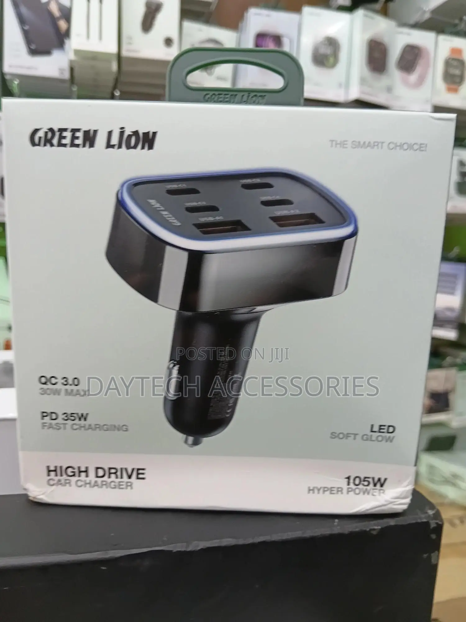 This Is a Green Lion 105w High Drive Car Charger in Black.