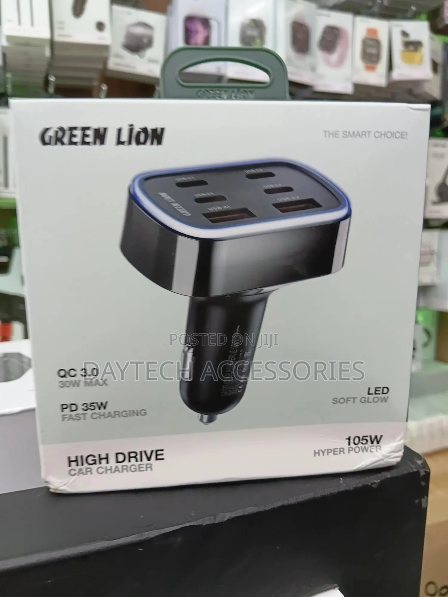 This Is a Green Lion 105w High Drive Car Charger in Black.
