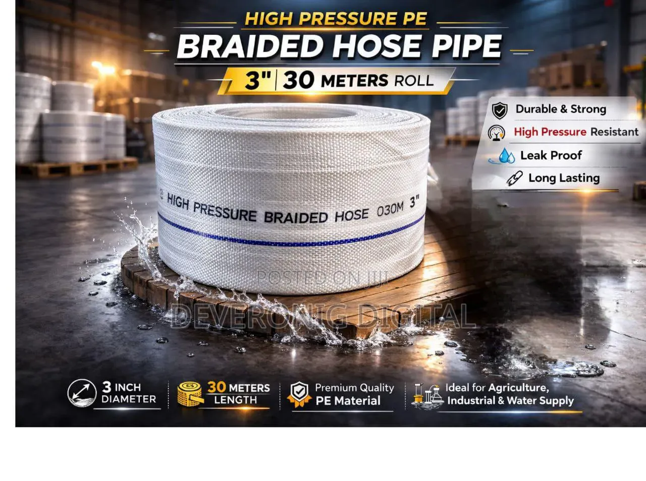 High Pressure Braided Hose Pipe 3inch 30meters Roll