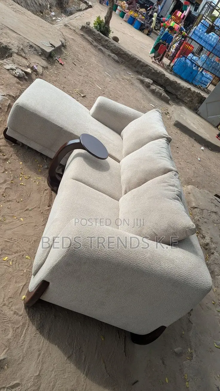 Beige L- Shaped Sofa With Wooden Armrest