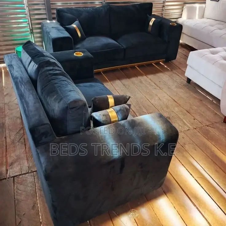Dark Blue Velvet Sofa Set With Gold Accents