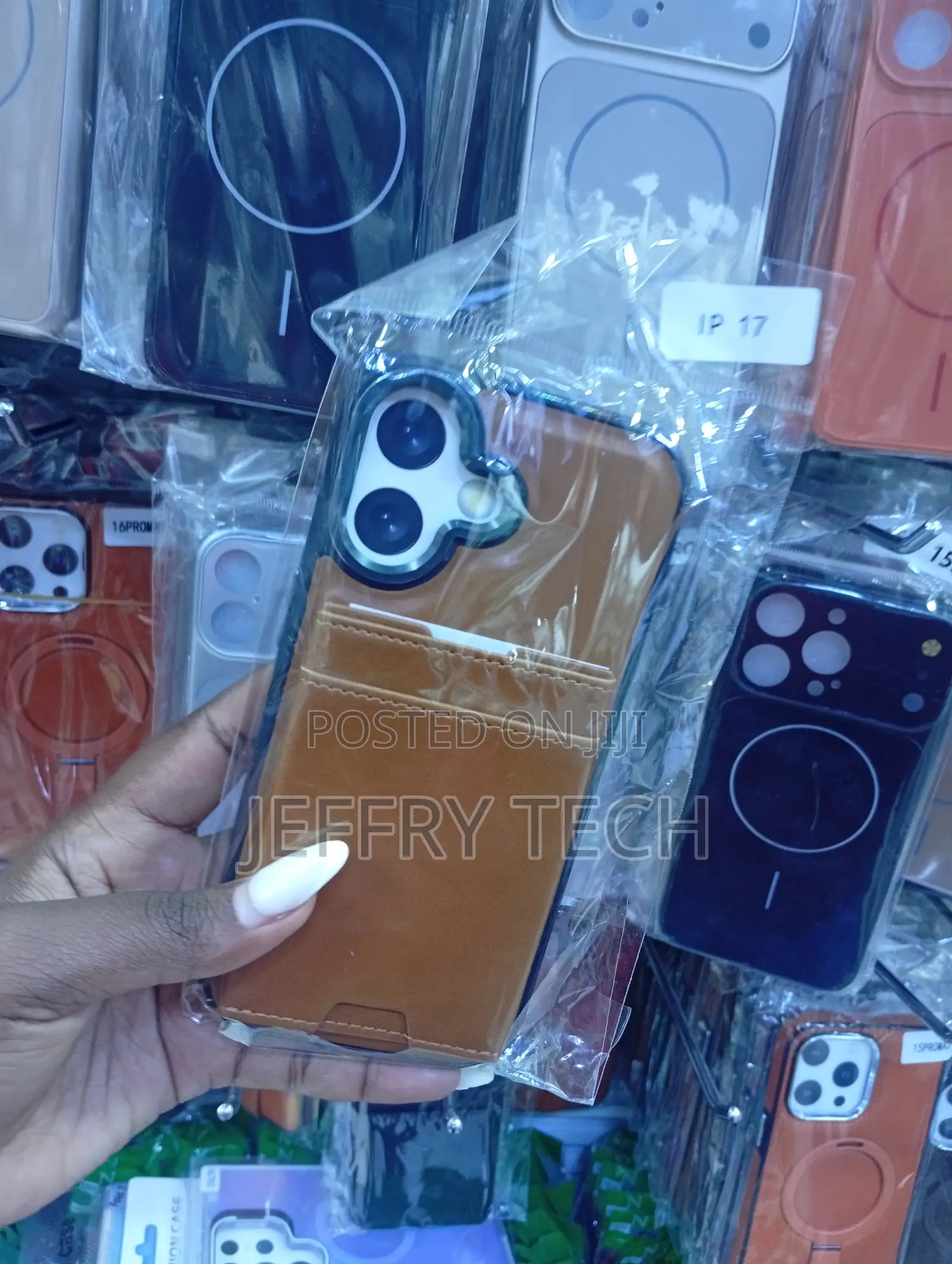 iPhone 17 Built-in Card Holder Brown Leather Phone Case