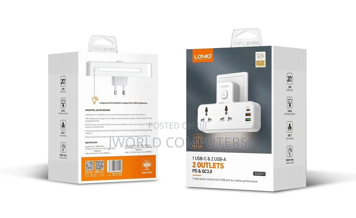 Ldnio Fast Charging Wall Socket - 2 Way Power Socket, 1 Usb-c
