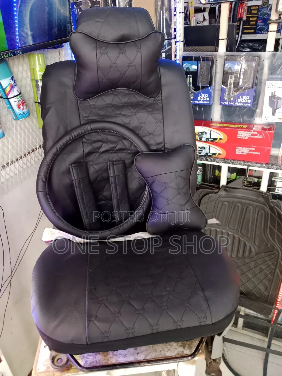 Black Pu Leather Seat Covers Set+Steer Cover,Neck Pillows,Belt Pad