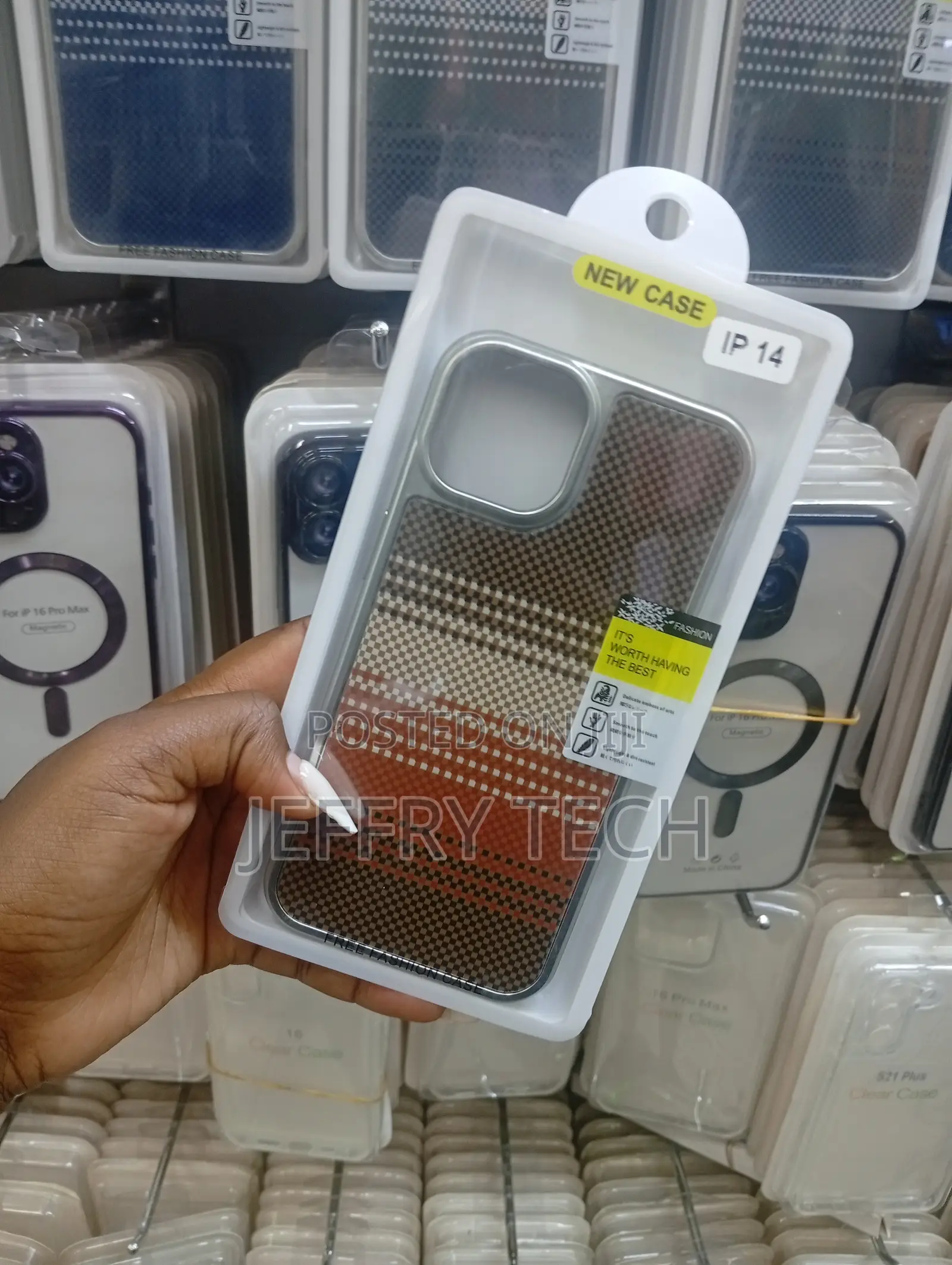 Brown-Gold Woven Checkered Pattern, Designed to Fit an iPhone 14.