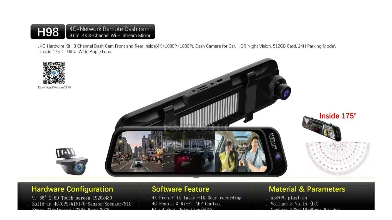 9.66 Inch 4g Mirror 3 Channel Dash Cameras (Front /Rear/Inside)