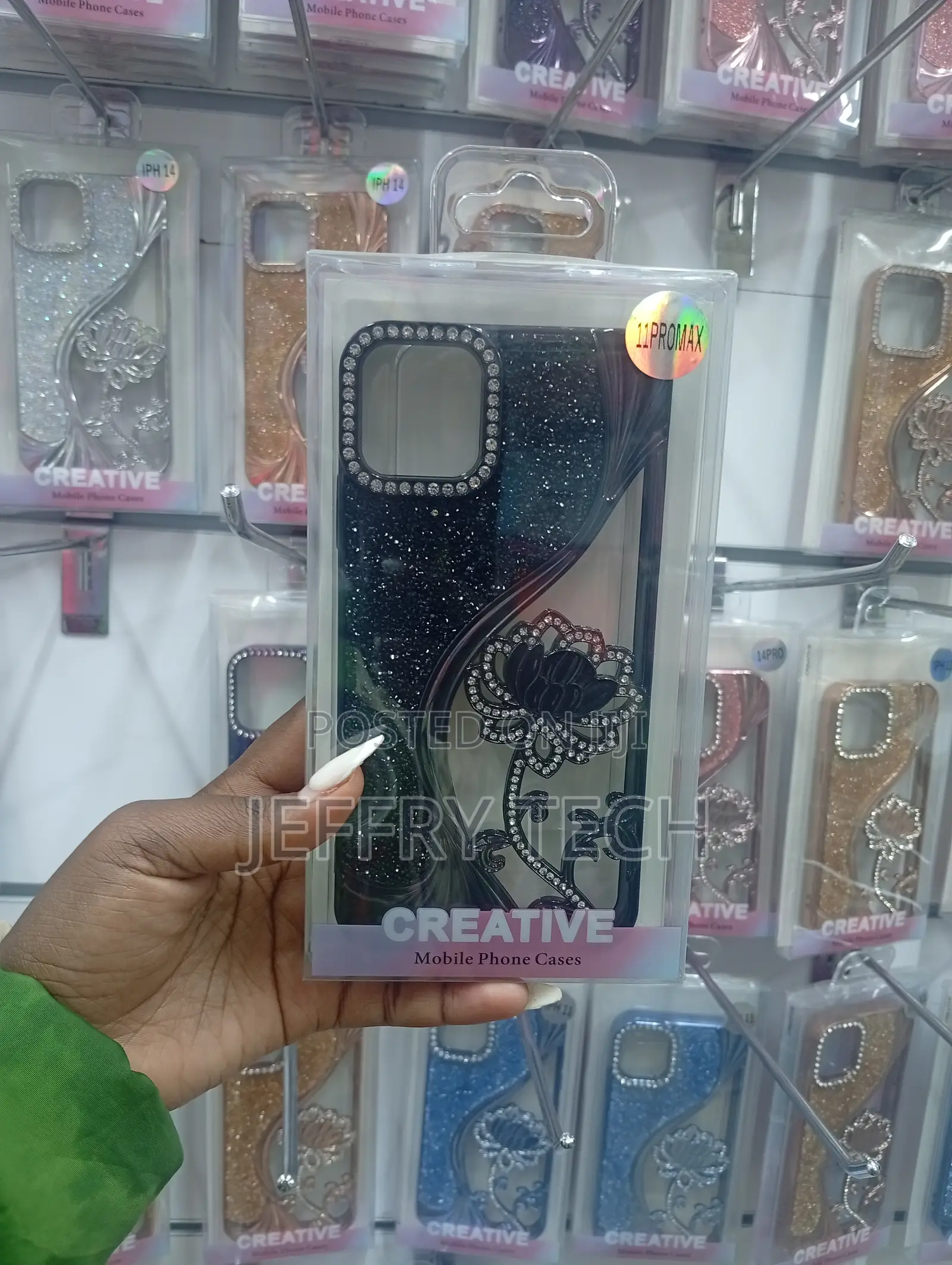 iPhone 11 Pro Max Dark, Glittery Background Floral Motif Adorned Case