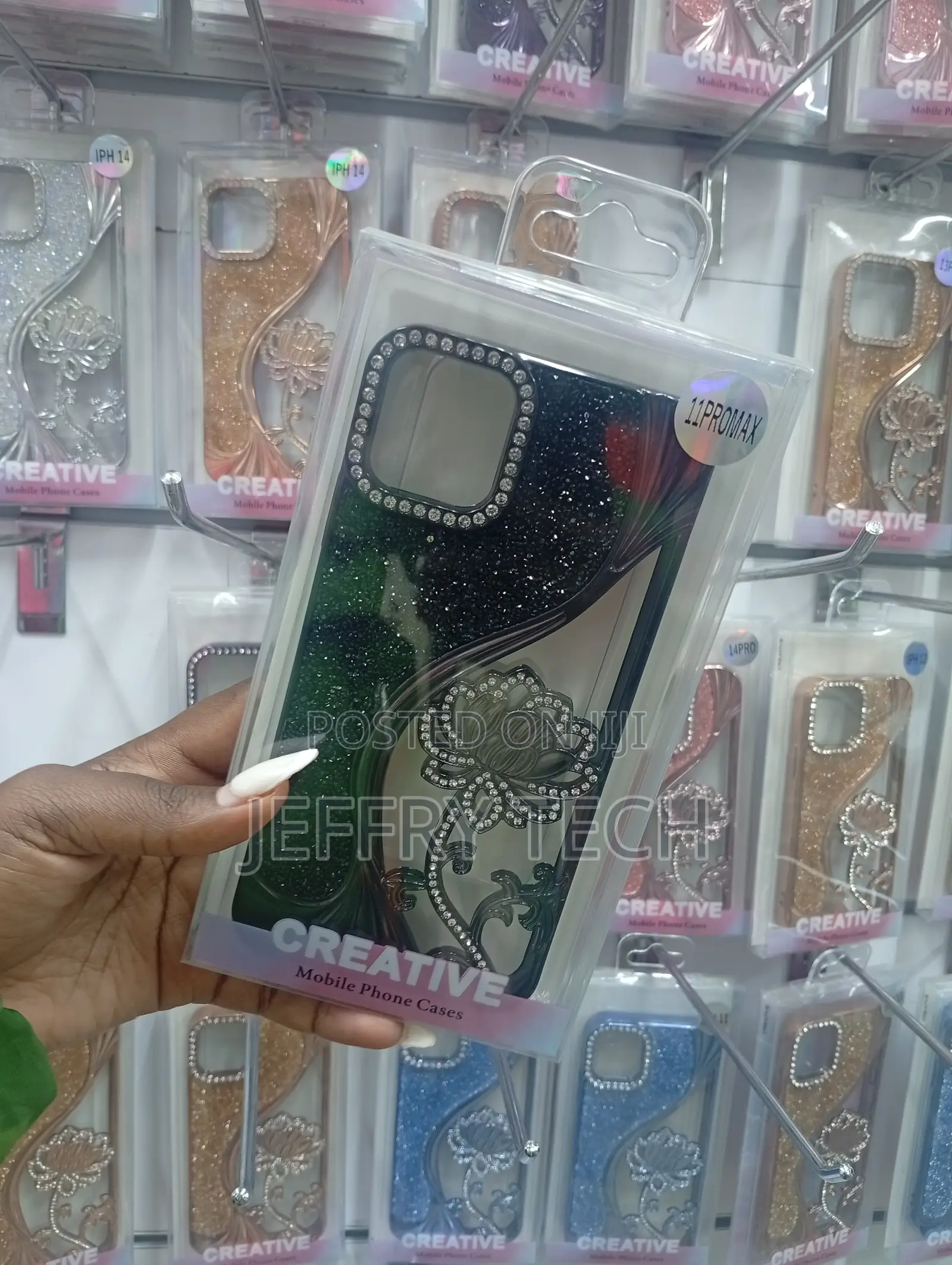 iPhone 11 Pro Max Dark, Glittery Background Floral Motif Adorned Case