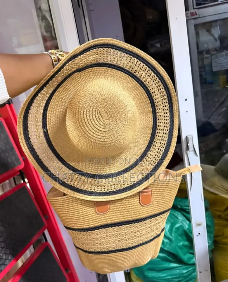 2 in 1 Beige Black Strip Straw Beach Bag With Matching Hat