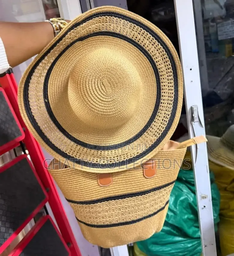 2 in 1 Beige Black Strip Straw Beach Bag With Matching Hat