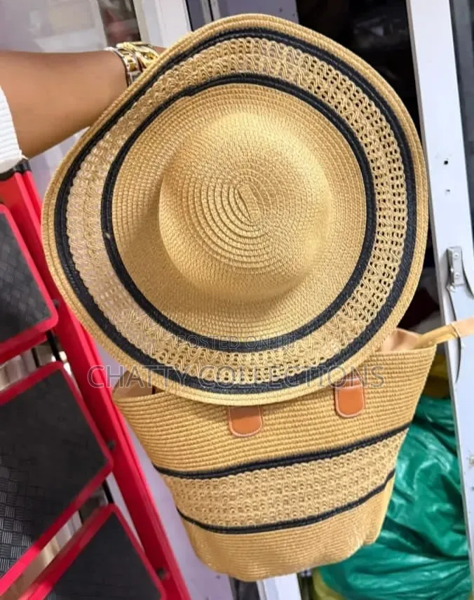 2 in 1 Beige Black Strip Straw Beach Bag With Matching Hat