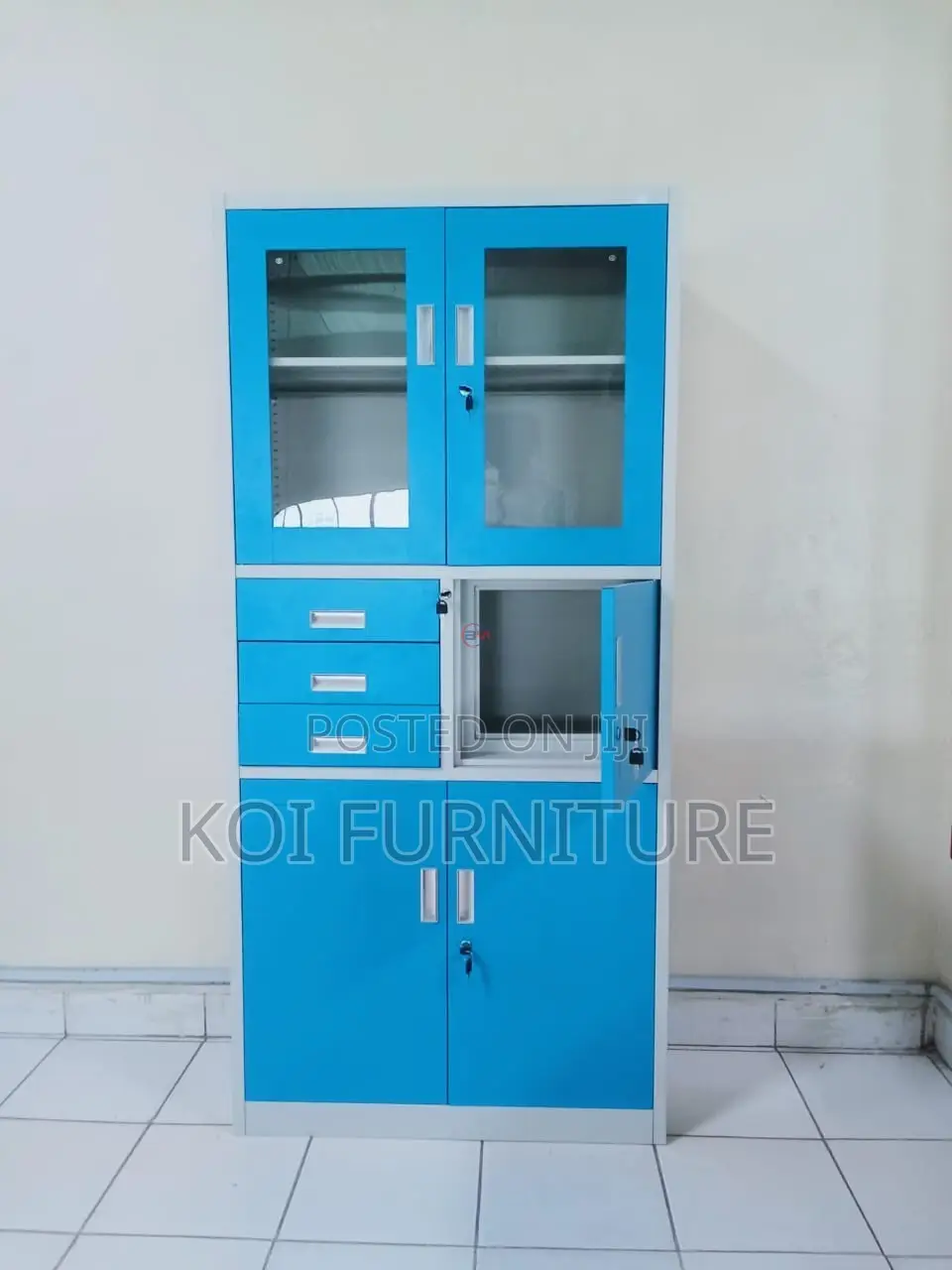 Office Cabinet; Blue Colorful Steel Cabinet With Glass View Doors