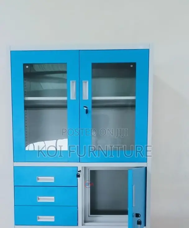 Office Cabinet; Blue Colorful Steel Cabinet With Glass View Doors