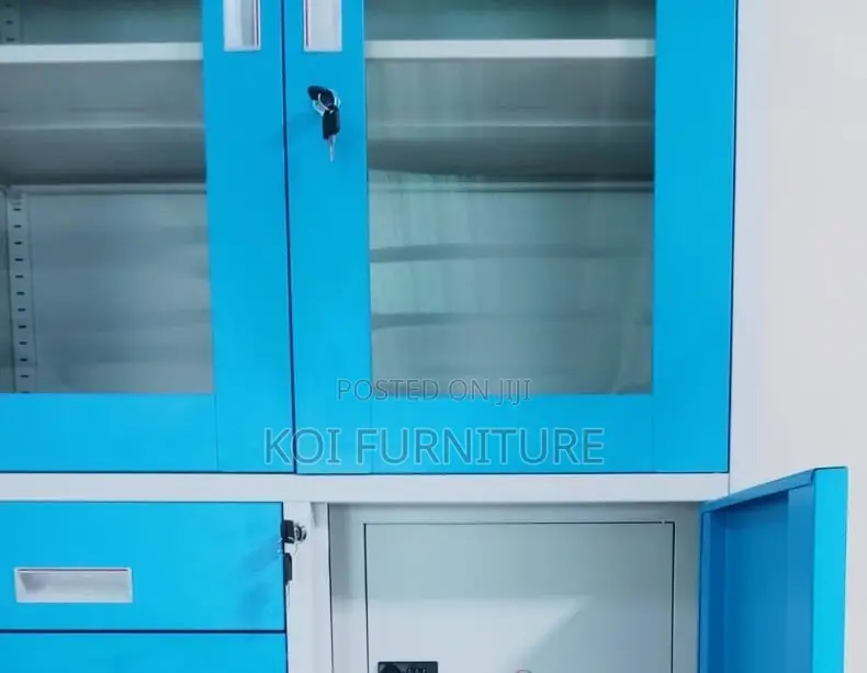 Office Cabinet; Blue Colorful Steel Cabinet With Glass View Doors