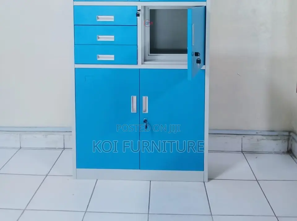 Office Cabinet; Blue Colorful Steel Cabinet With Glass View Doors