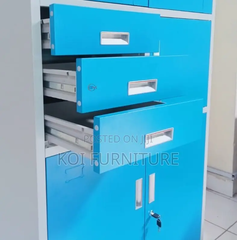 Office Cabinet; Blue Colorful Steel Cabinet With Glass View Doors