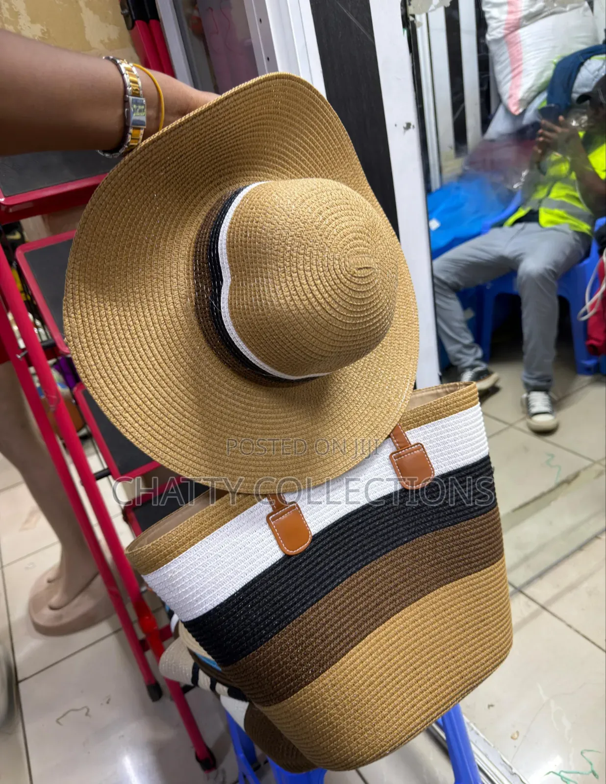 2 in 1 Four Tone Stripe Beach Bag Leather Straps and Matching Hat