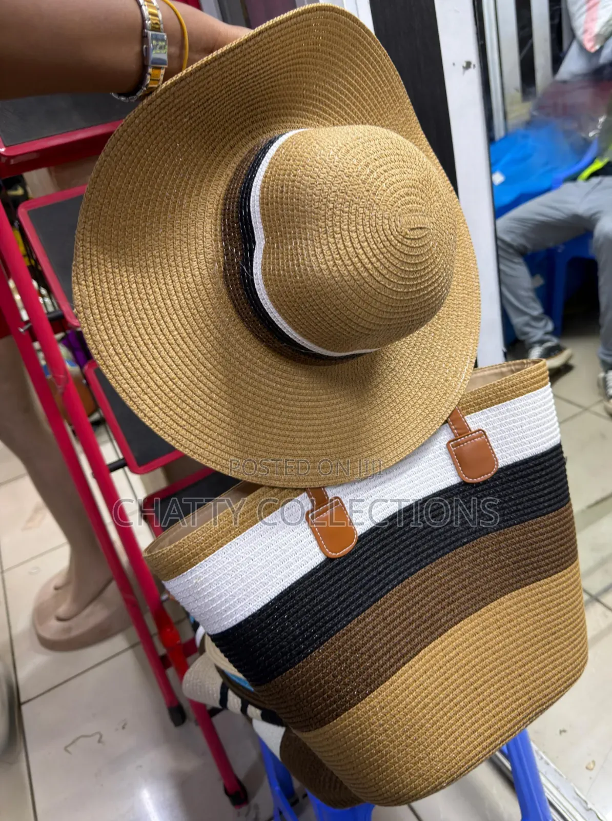 2 in 1 Four Tone Stripe Beach Bag Leather Straps and Matching Hat