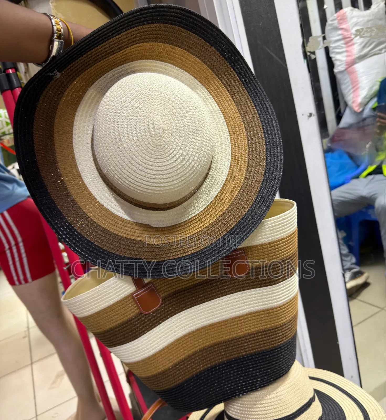 2 in 1 Four Tone Beige Black Stripe Beach Bag With Matching Hat