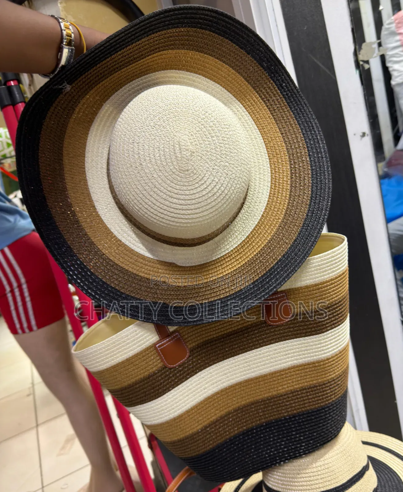2 in 1 Four Tone Beige Black Stripe Beach Bag With Matching Hat