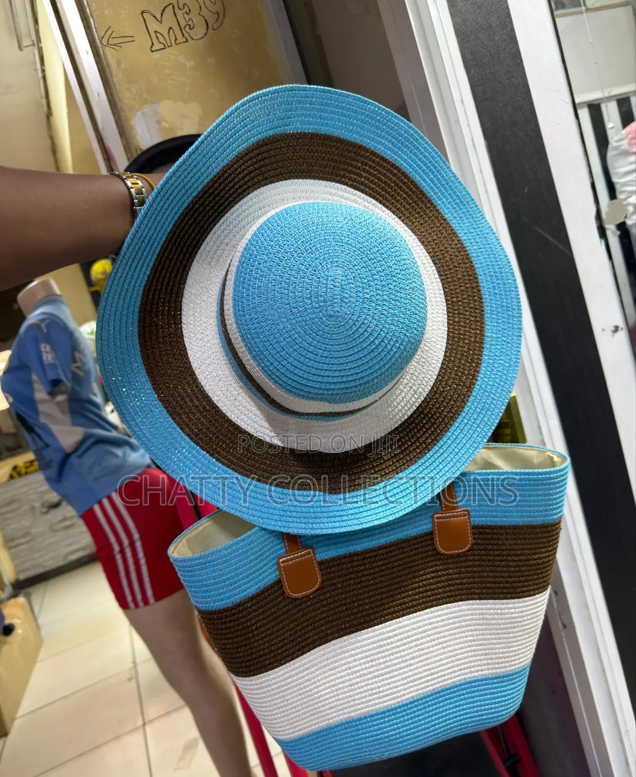 2 in 1 Blue Stripe Beach Bag With Matching Hat