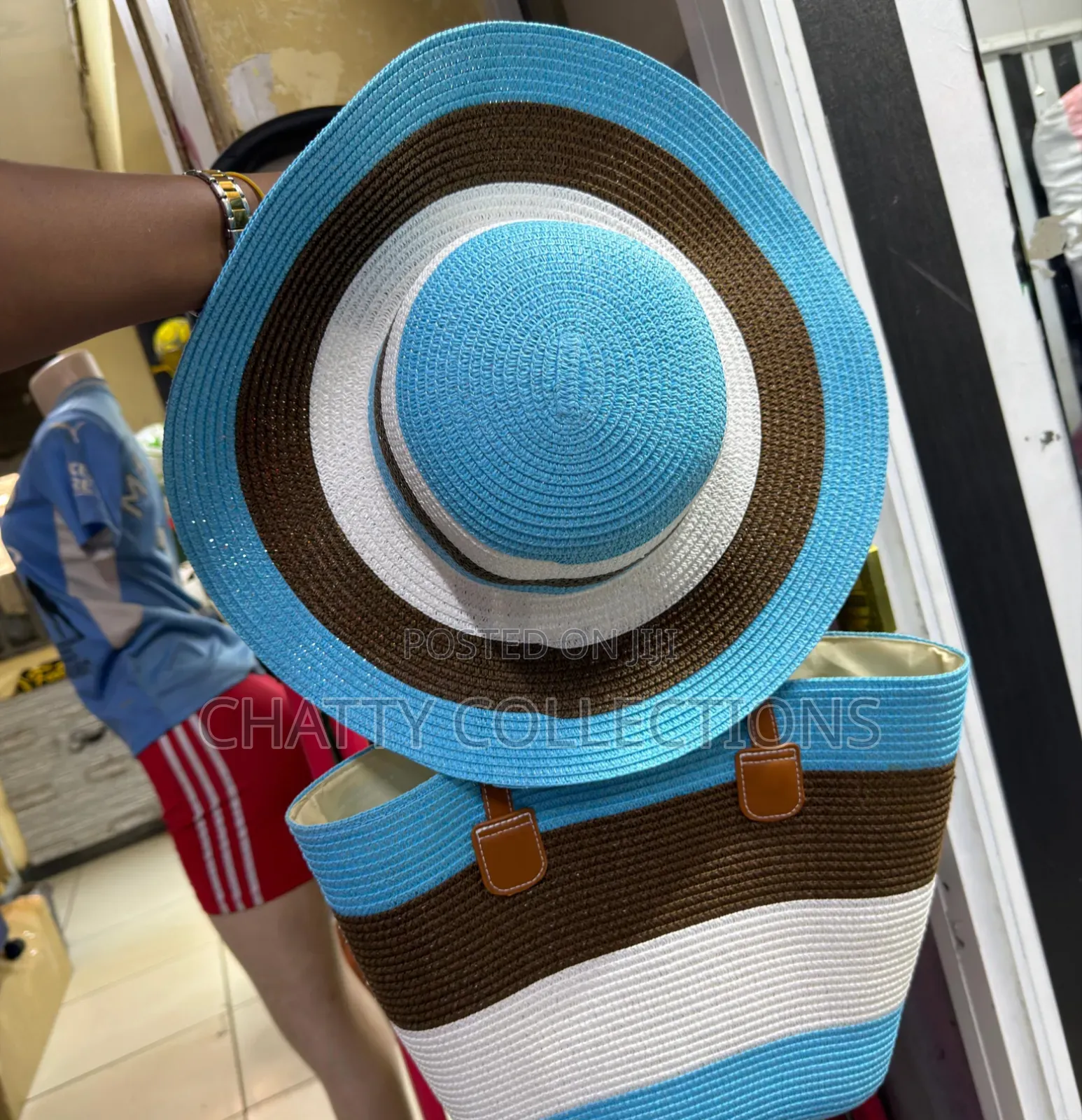 2 in 1 Blue Stripe Beach Bag With Matching Hat