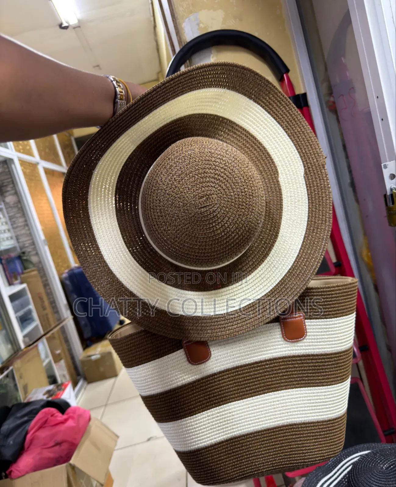 2 in 1 Brown and White Beach Bag With Matching Hat