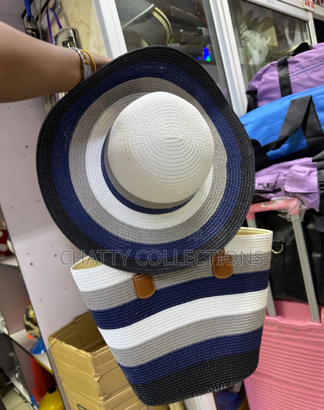 2 in 1 Navy Blue Stripe Beach Bag With Matching Hat