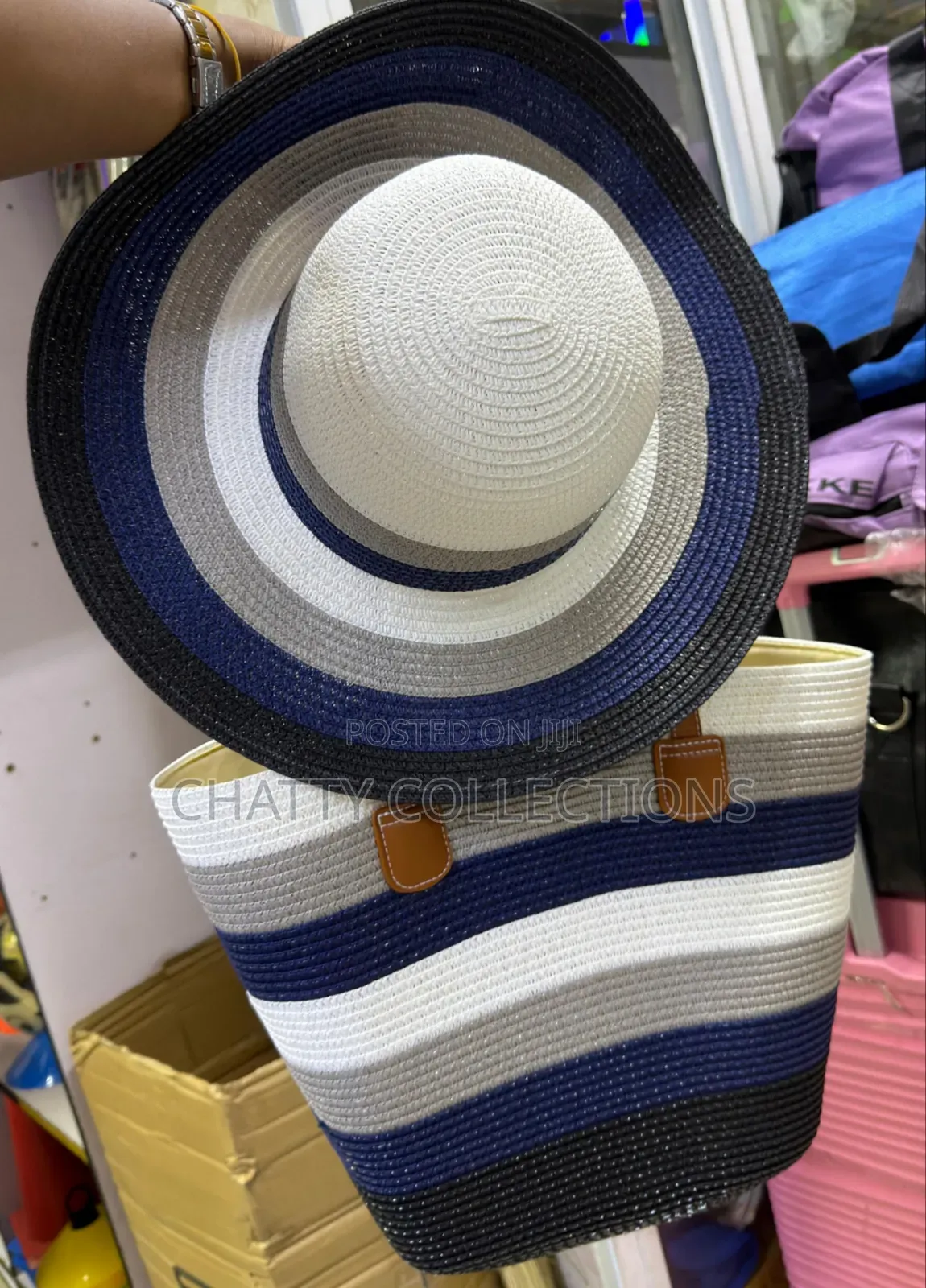2 in 1 Navy Blue Stripe Beach Bag With Matching Hat