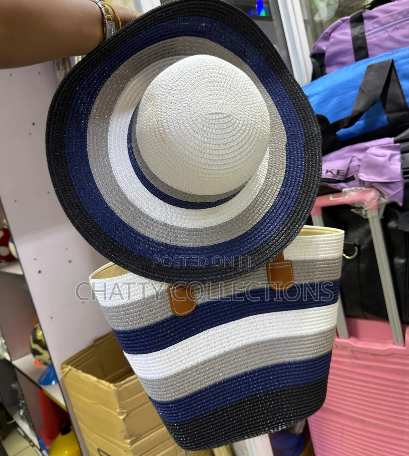 2 in 1 Navy Blue Stripe Beach Bag With Matching Hat