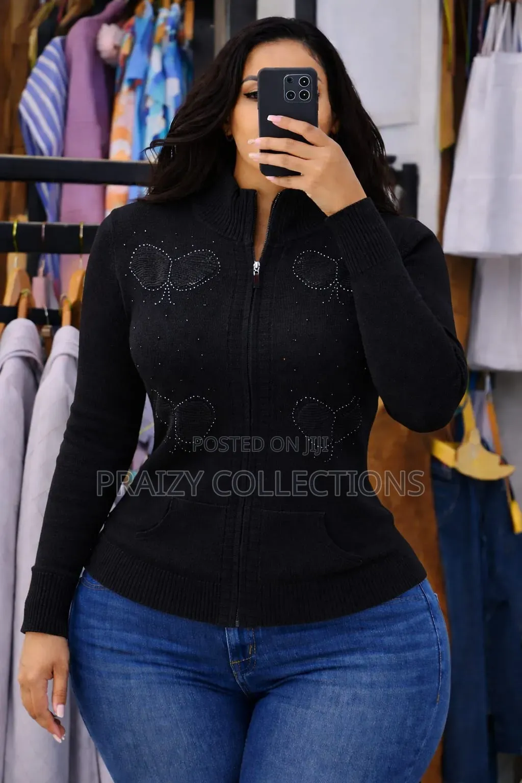 Butterfly Detailed Free Zipped Sweater